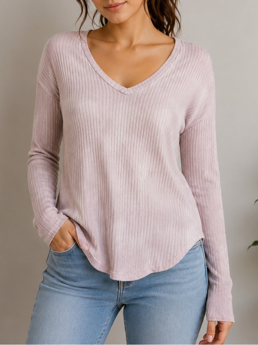 American Eagle Soft & Sexy Ribbed V-Neck Long Sleeve Pink Top Size S